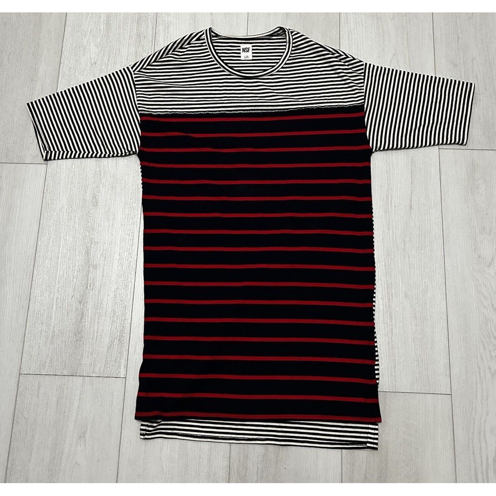 NSF Striped T-Shirt Dress Side Slits Sz M - Red‎ Blue White Black NWOT